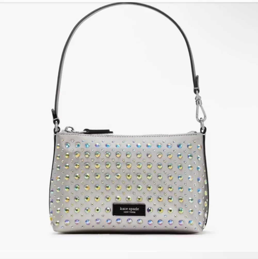 NWT Kate Spade Silver Lulu Crystal Embellished East West Pochette + Dusty